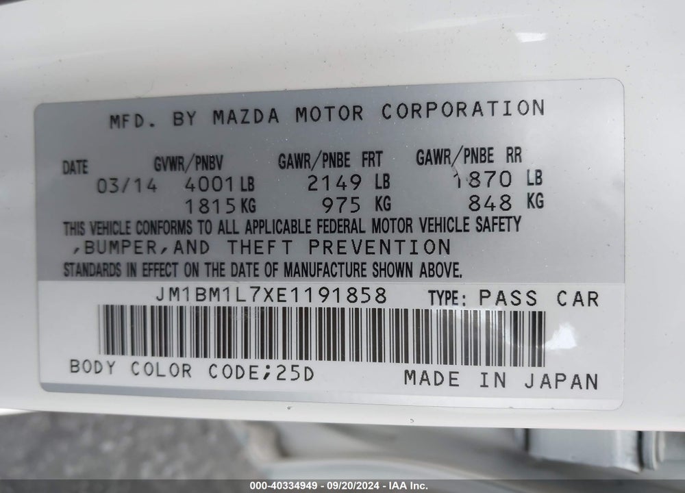 2014 MAZDA 3 I TOURING VIN: JM1BM1L7XE1191858
