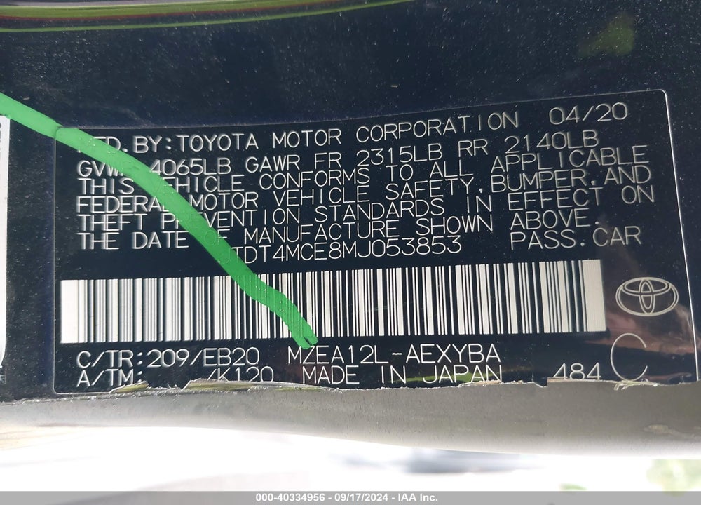 2021 TOYOTA COROLLA XSE VIN: JTDT4MCE8MJ053853