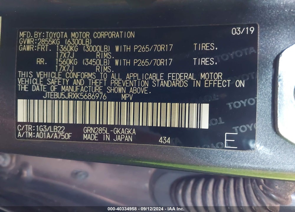 2019 TOYOTA 4RUNNER SR5 PREMIUM VIN: JTEBU5JRXK5686976