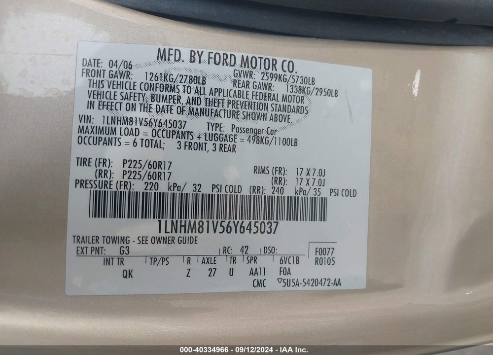2006 LINCOLN TOWN CAR SIGNATURE VIN: 1LNHM81V56Y645037