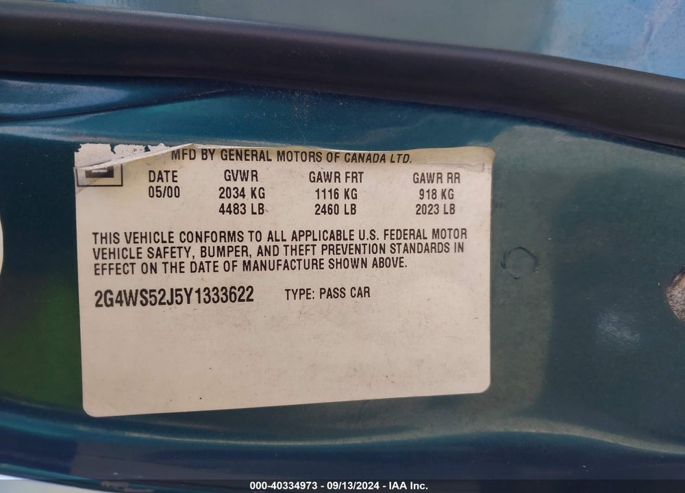 2000 BUICK CENTURY CUSTOM VIN: 2G4WS52J5Y1333622