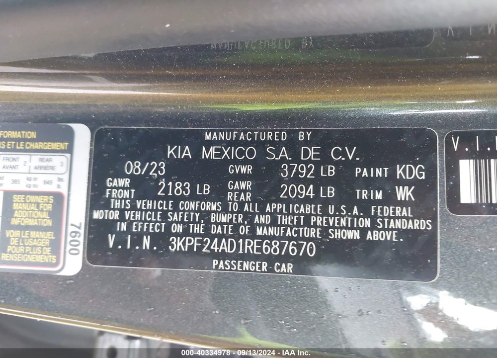 2024 KIA FORTE LX VIN: 3KPF24AD1RE687670