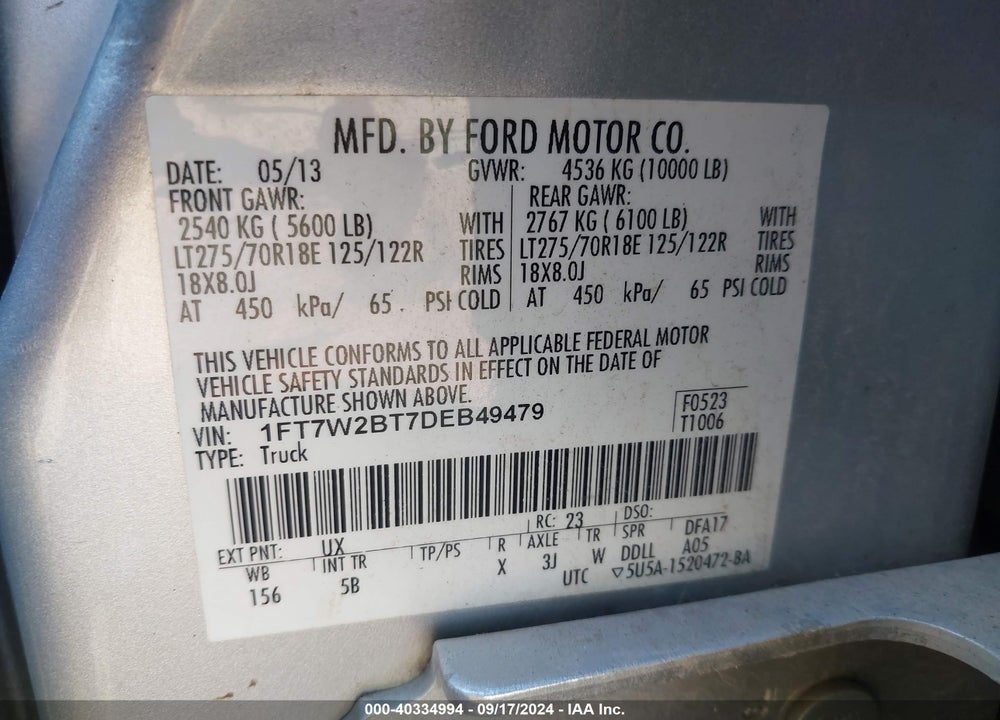 2013 FORD F-250 LARIAT VIN: 1FT7W2BT7DEB49479