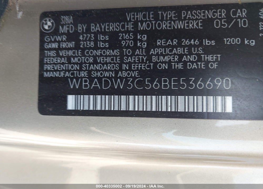2011 BMW 328I VIN: WBADW3C56BE536690
