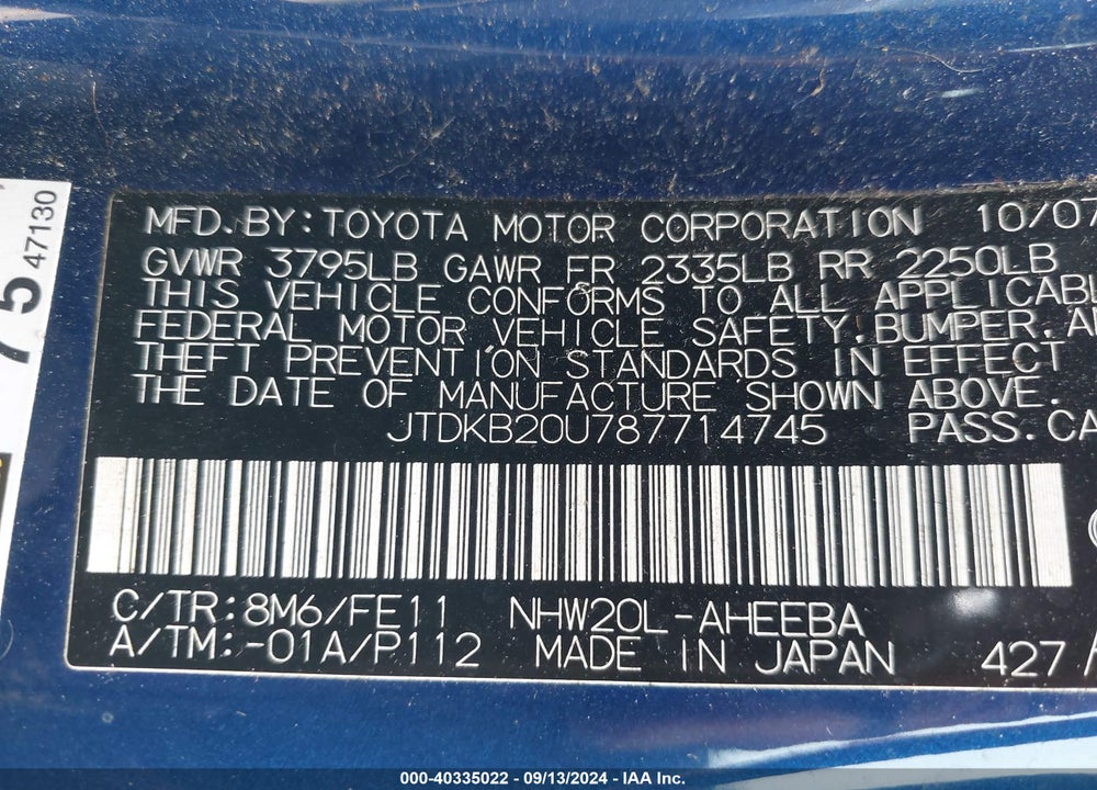 2008 TOYOTA PRIUS VIN: JTDKB20U787714745