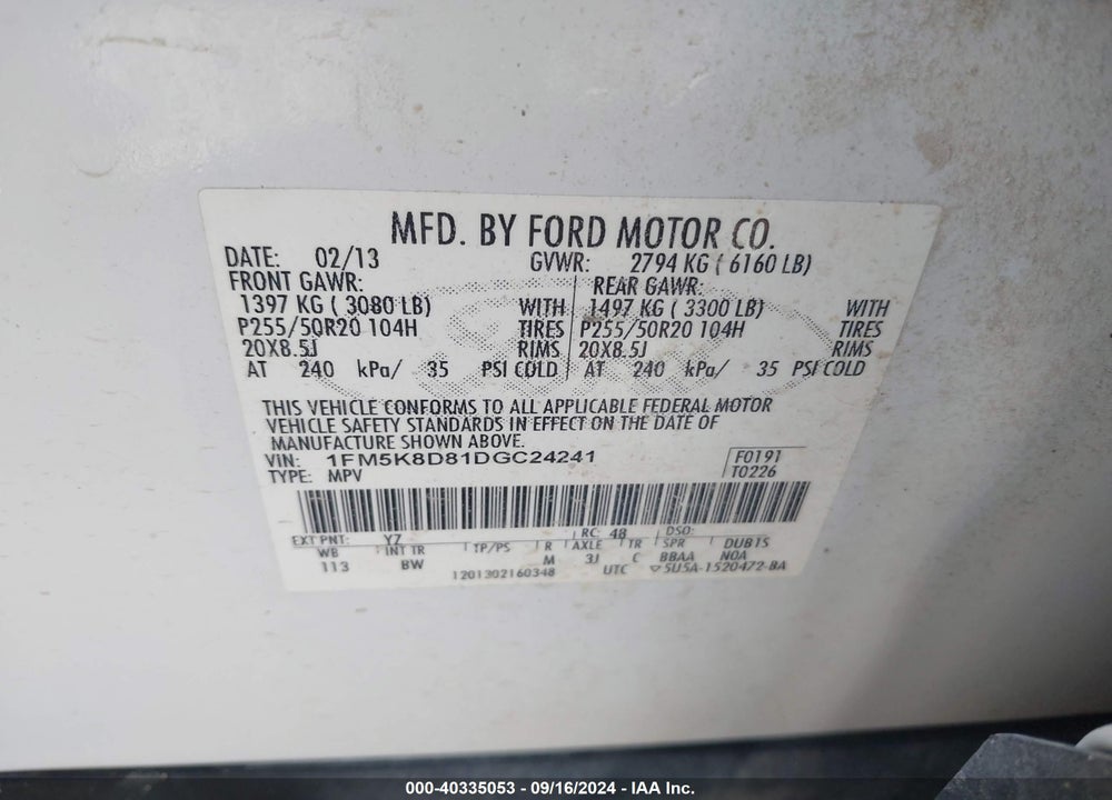 2013 FORD EXPLORER XLT VIN: 1FM5K8D81DGC24241