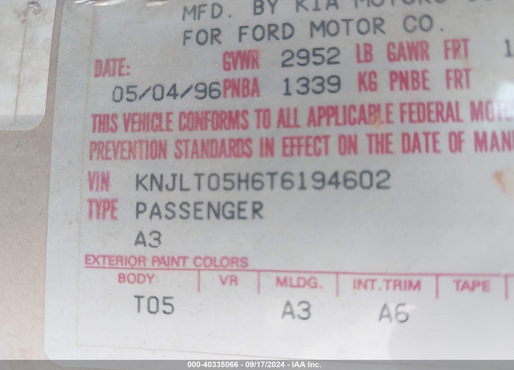 1996 FORD ASPIRE VIN: KNJLT05H6T6194602