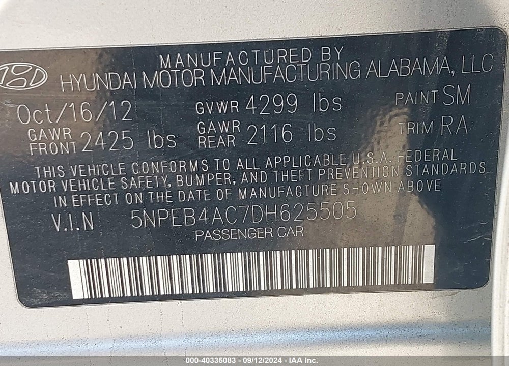 2013 HYUNDAI SONATA GLS VIN: 5NPEB4AC7DH625505