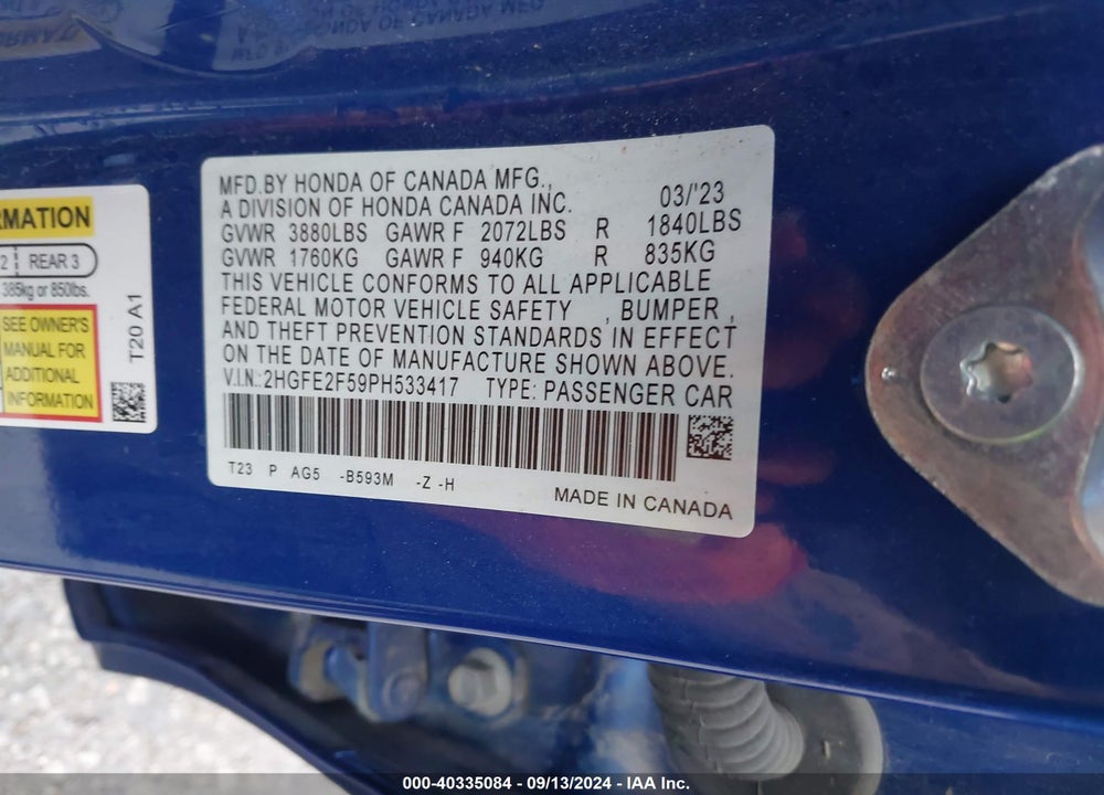 2023 HONDA CIVIC SPORT VIN: 2HGFE2F59PH533417