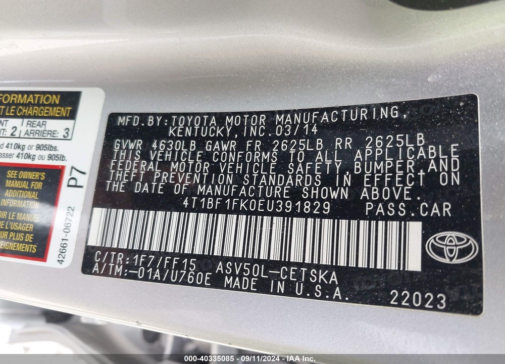 2014 TOYOTA CAMRY SE VIN: 4T1BF1FK0EU391829