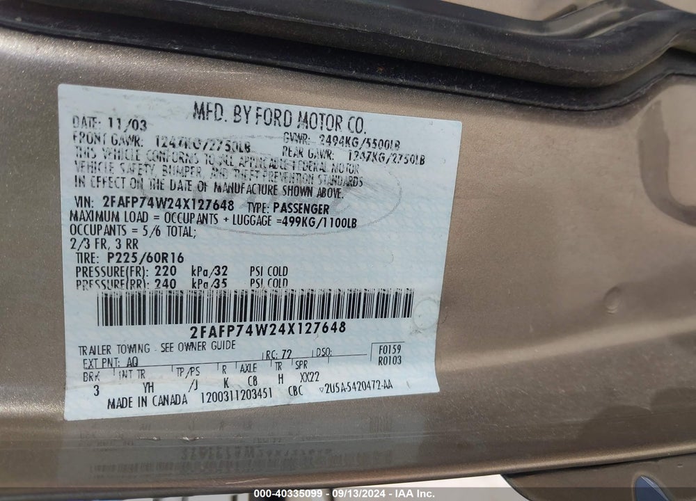 2004 FORD CROWN VICTORIA LX VIN: 2FAFP74W24X127648