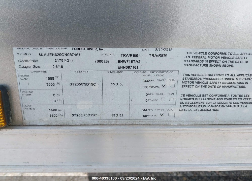 2016 CARGO MATE TRAILER EHW716TA2 VIN: 5NHUEH620GN087161