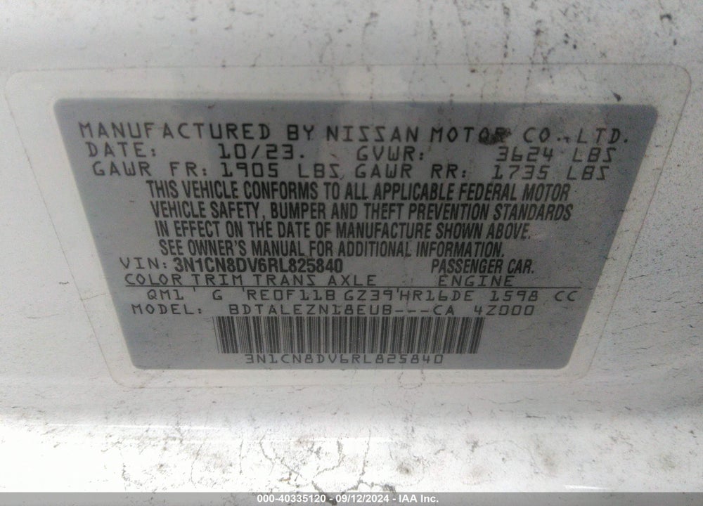 2024 NISSAN VERSA 1.6 S+ VIN: 3N1CN8DV6RL825840