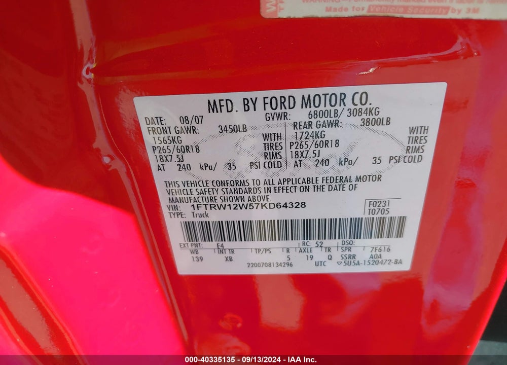 2007 FORD F-150 XLT VIN: 1FTRW12W57KD64328