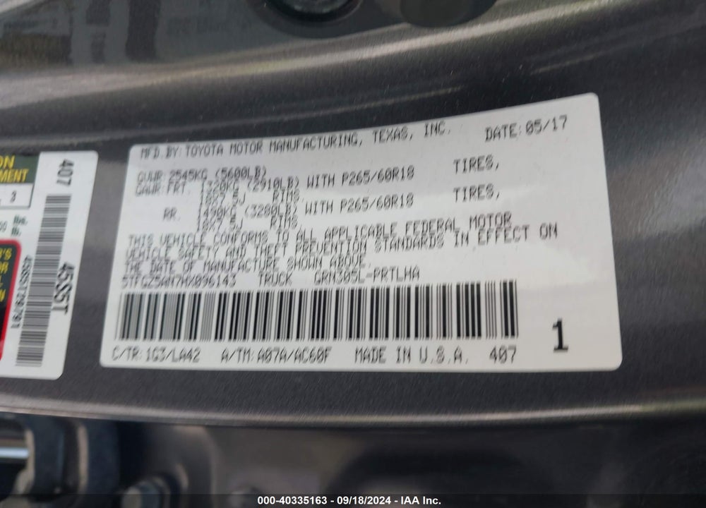 2017 TOYOTA TACOMA LIMITED VIN: 5TFGZ5AN7HX096143