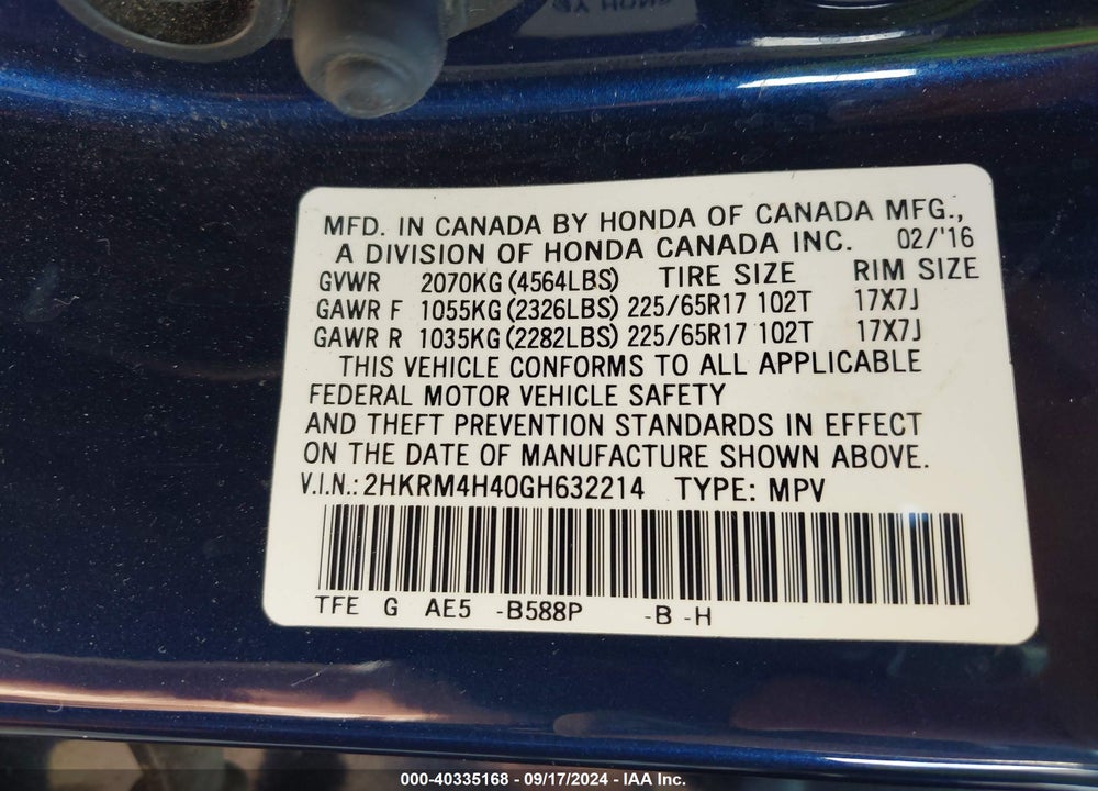 2016 HONDA CR-V SE VIN: 2HKRM4H40GH632214