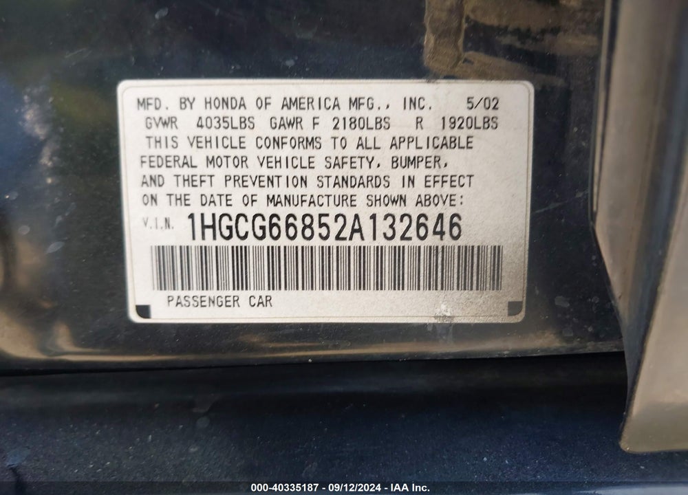 2002 HONDA ACCORD 2.3 EX/2.3 SE VIN: 1HGCG66852A132646