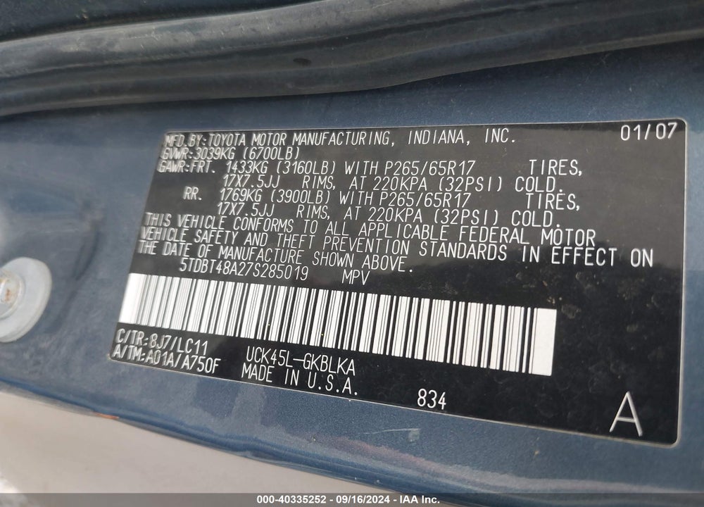 2007 TOYOTA SEQUOIA LIMITED V8 VIN: 5TDBT48A27S285019
