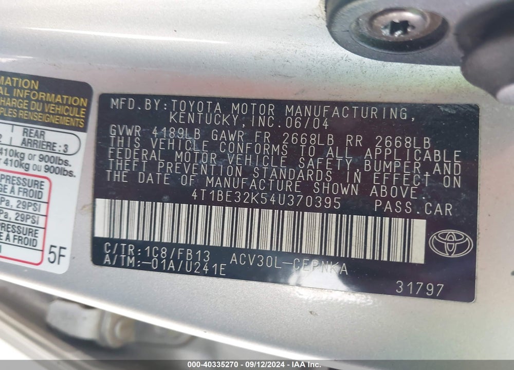 2004 TOYOTA CAMRY LE VIN: 4T1BE32K54U370395