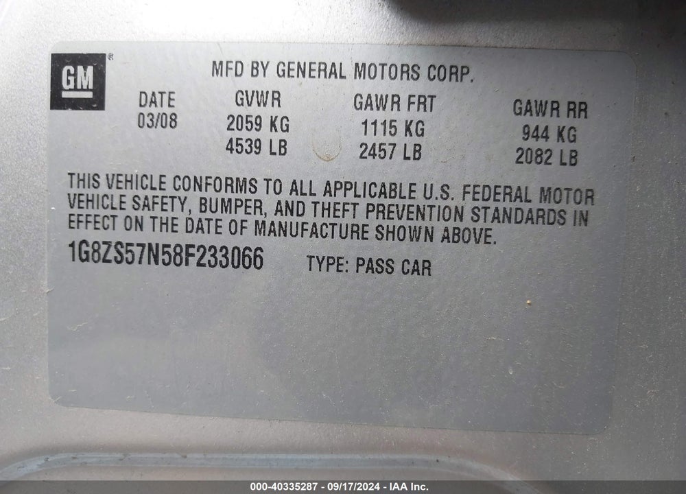 2008 SATURN AURA XE VIN: 1G8ZS57N58F233066