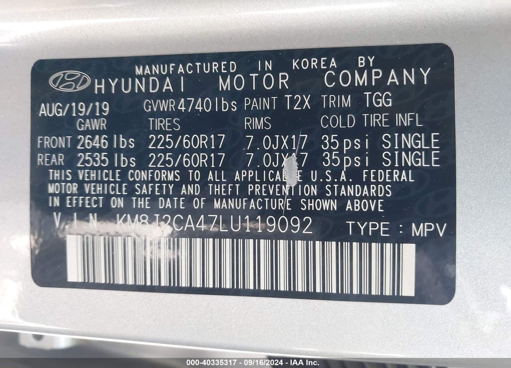 2020 HYUNDAI TUCSON SE VIN: KM8J2CA47LU119092