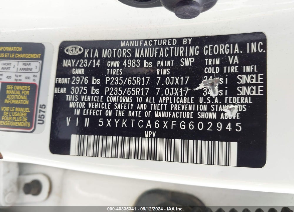 2015 KIA SORENTO LX VIN: 5XYKTCA6XFG602945