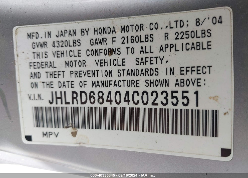 2004 HONDA CR-V LX VIN: JHLRD68404C023551