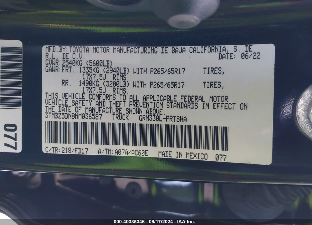 2022 TOYOTA TACOMA VIN: 3TMBZ5DN8NM036587