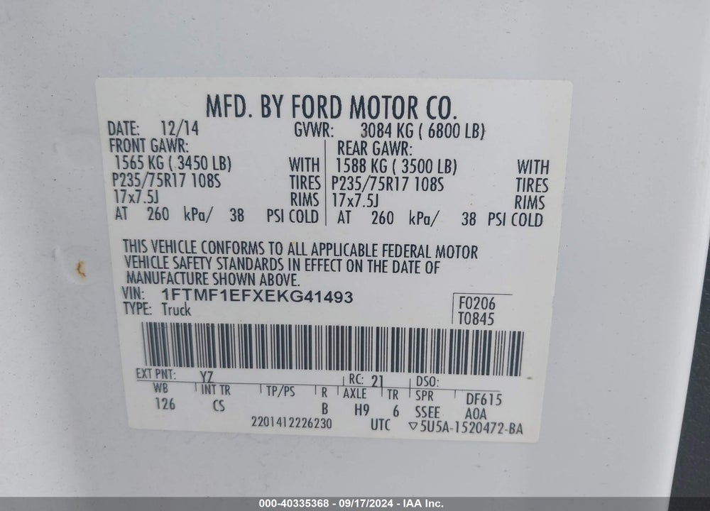 2014 FORD F-150 STX VIN: 1FTMF1EFXEKG41493