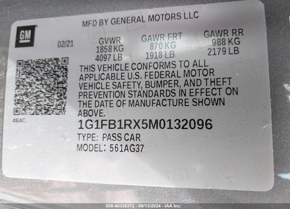 2021 CHEVROLET CAMARO RWD 1LT VIN: 1G1FB1RX5M0132096