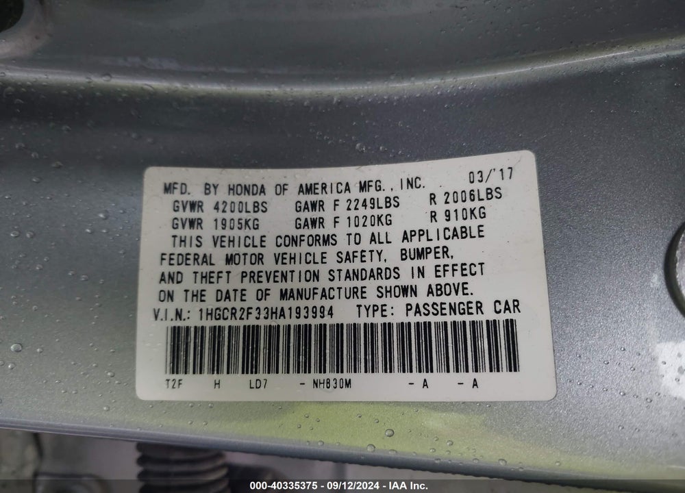 2017 HONDA ACCORD LX VIN: 1HGCR2F33HA193994
