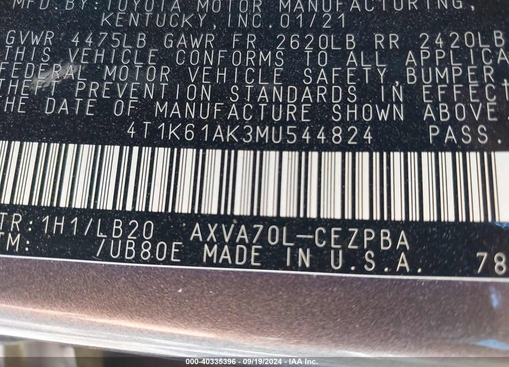 2021 TOYOTA CAMRY XSE VIN: 4T1K61AK3MU544824