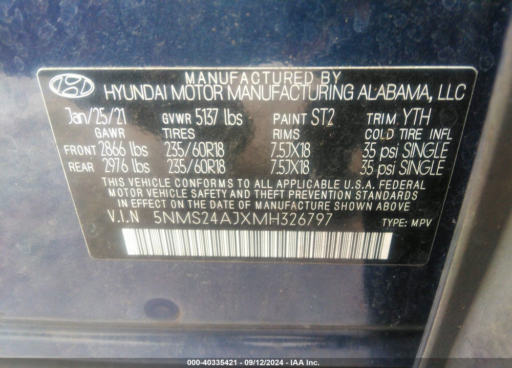 2021 HYUNDAI SANTA FE SEL VIN: 5NMS24AJXMH326797