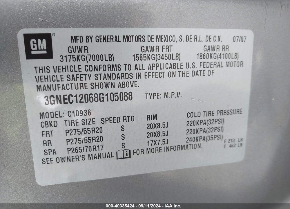 2008 CHEVROLET AVALANCHE 1500 LT VIN: 3GNEC12068G105088