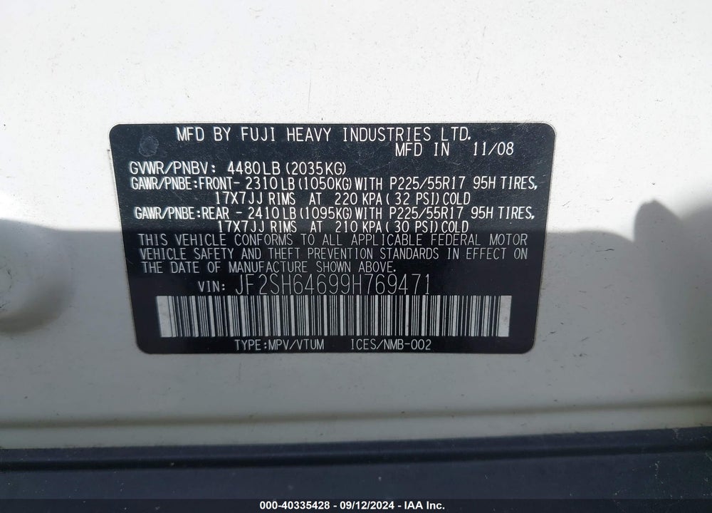 2009 SUBARU FORESTER 2.5X LIMITED VIN: JF2SH64699H769471
