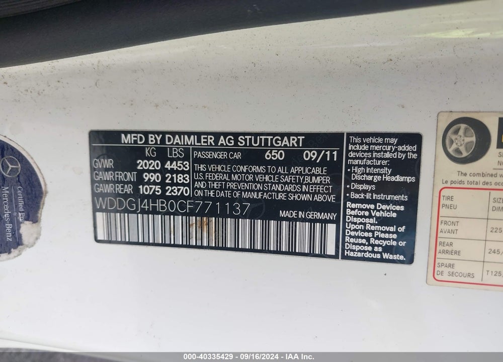 2012 MERCEDES-BENZ C 250 VIN: WDDGJ4HB0CF771137
