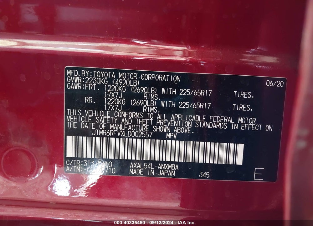 2020 TOYOTA RAV4 HYBRID XLE VIN: JTMR6RFVXLD002557