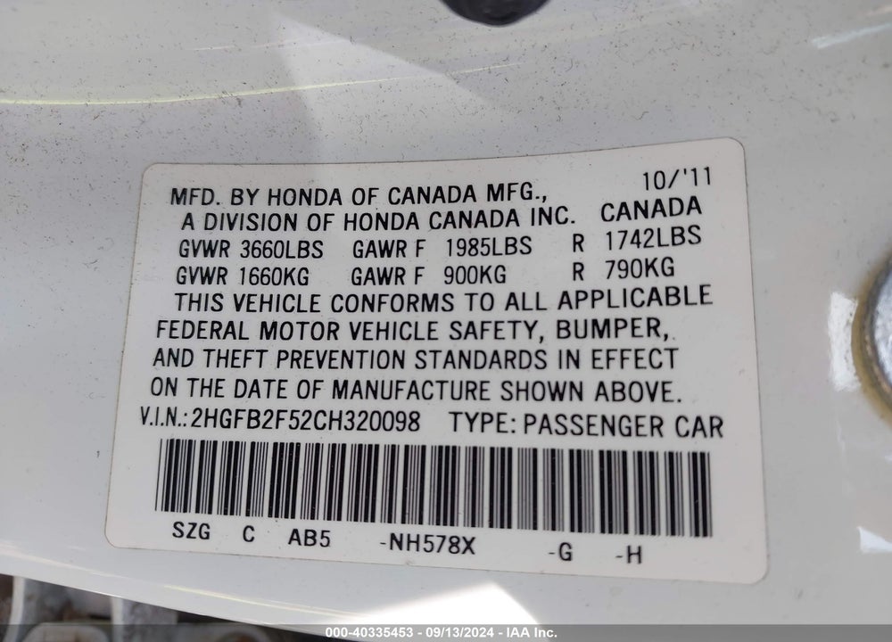 2012 HONDA CIVIC LX VIN: 2HGFB2F52CH320098