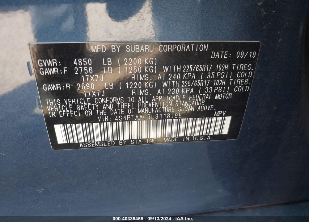 2020 SUBARU OUTBACK VIN: 4S4BTAAC3L3118198