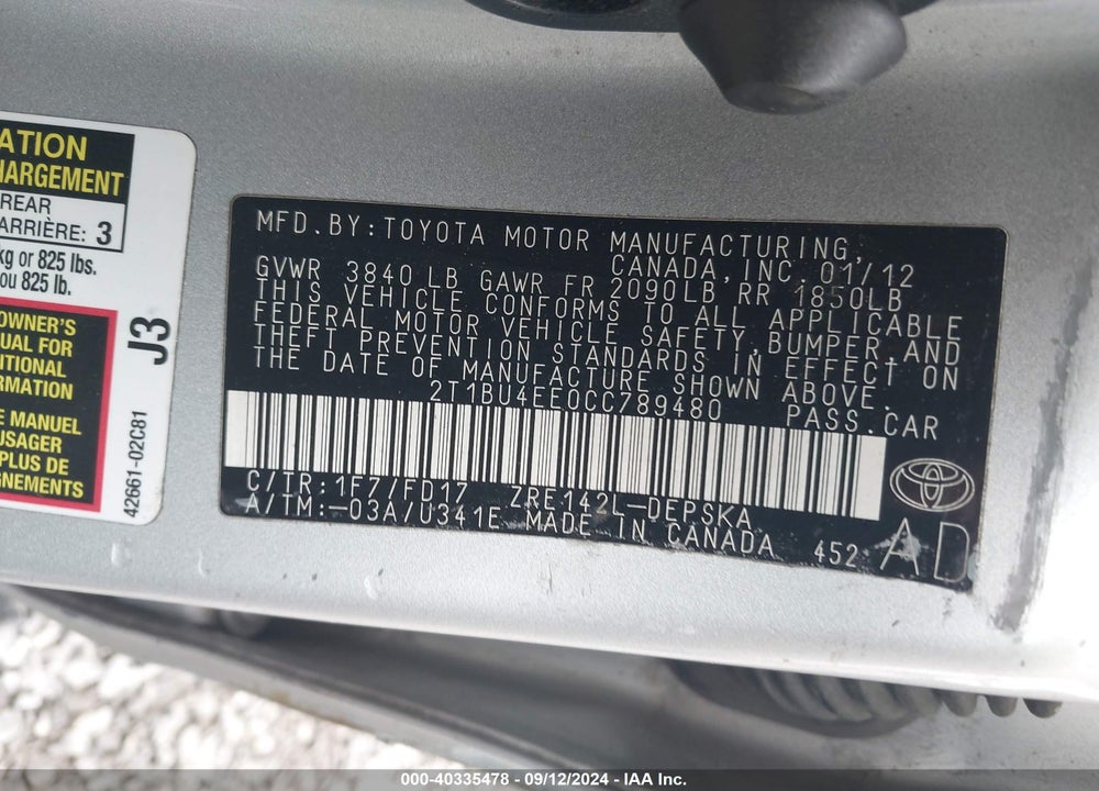 2012 TOYOTA COROLLA S VIN: 2T1BU4EE0CC789480