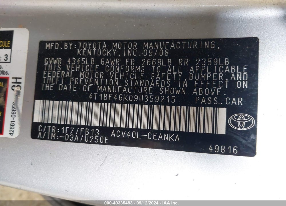 2009 TOYOTA CAMRY LE VIN: 4T1BE46K09U359215