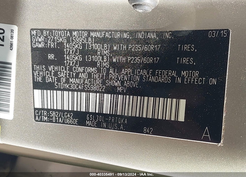 2015 TOYOTA SIENNA XLE 8 PASSENGER VIN: 5TDYK3DC4FS598022