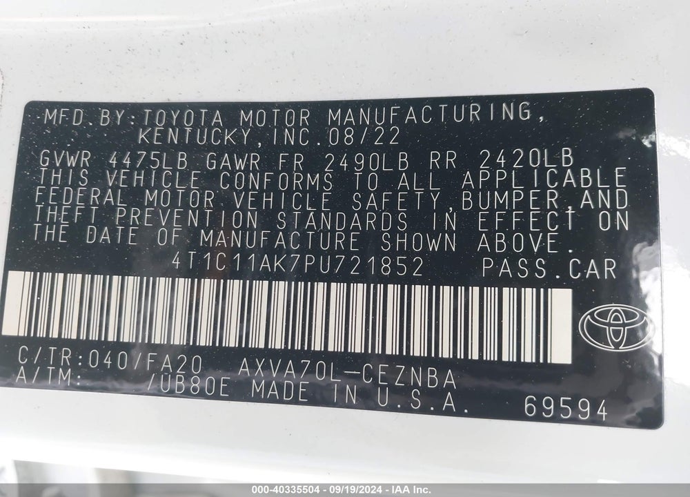 2023 TOYOTA CAMRY LE VIN: 4T1C11AK7PU721852