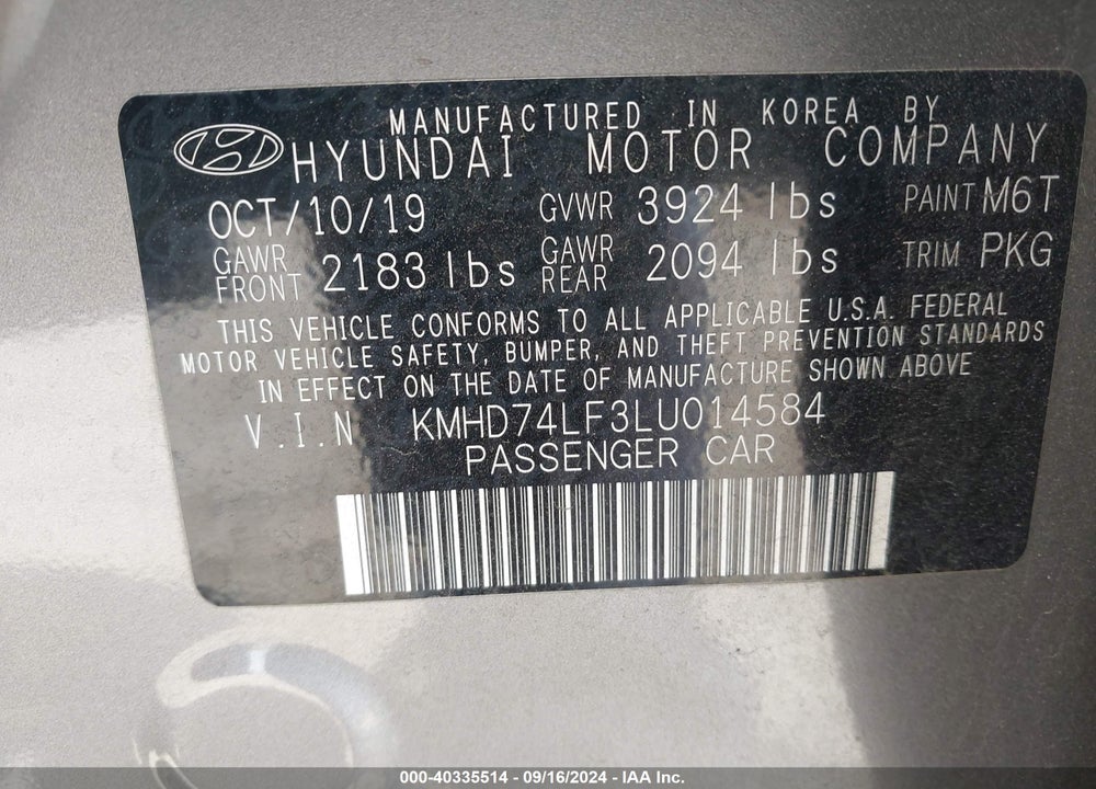 2020 HYUNDAI ELANTRA SE VIN: KMHD74LF3LU014584