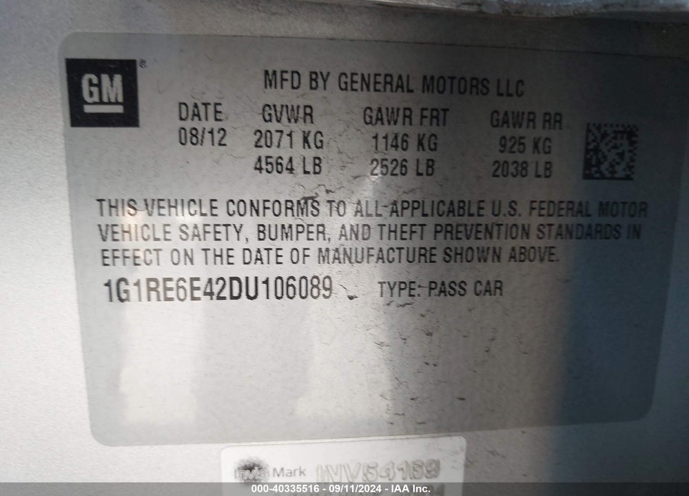 2013 CHEVROLET VOLT VIN: 1G1RE6E42DU106089