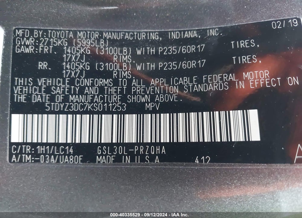 2019 TOYOTA SIENNA VIN: 5TDYZ3DC7KS011253