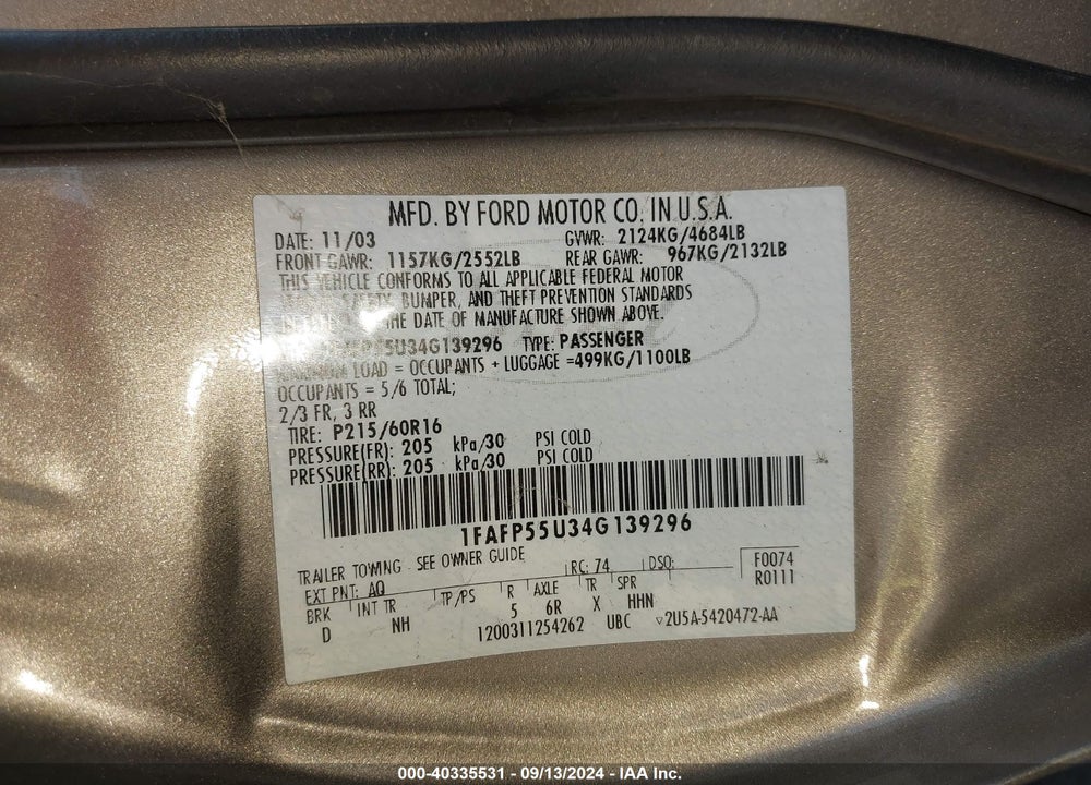 2004 FORD TAURUS SES VIN: 1FAFP55U34G139296