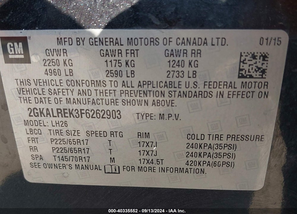 2015 GMC TERRAIN SLE-2 VIN: 2GKALREK3F6262903