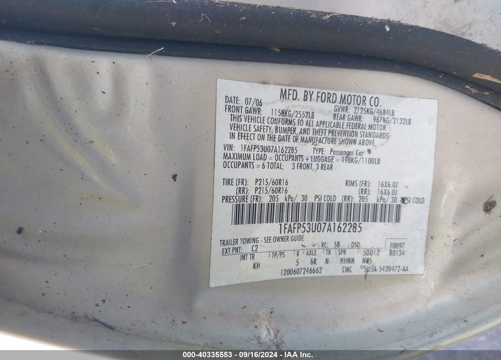 2007 FORD TAURUS SE VIN: 1FAFP53U07A162285