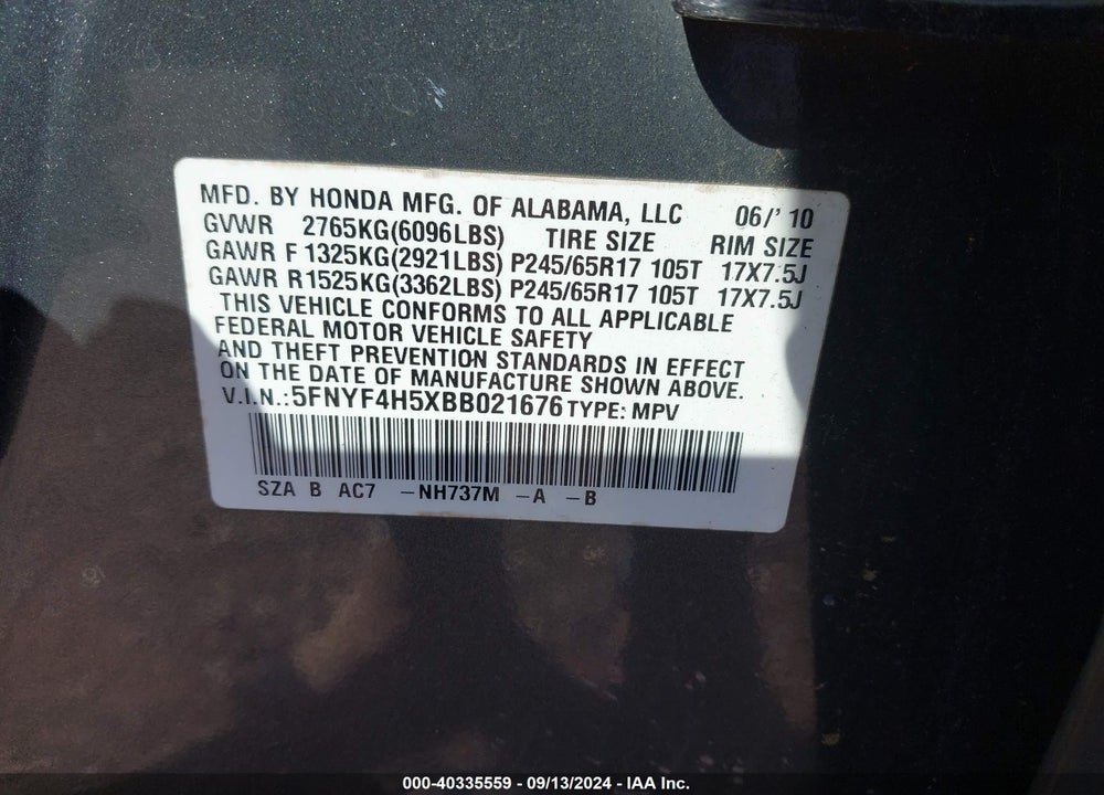 2011 HONDA PILOT EX-L VIN: 5FNYF4H5XBB021676